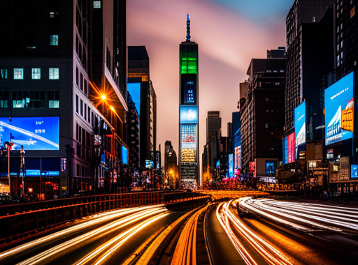 Nighttime cityscape of New York with light trails streaking across busy streets,aesthetic, complex, colorful, street level view, 4k