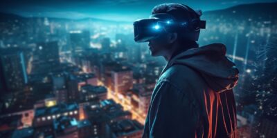 Young adult standing, watching city life adventure generated by artificial intelligence