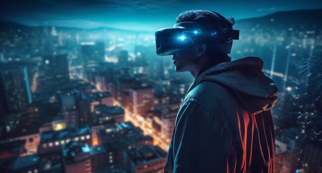 Young adult standing, watching city life adventure generated by artificial intelligence